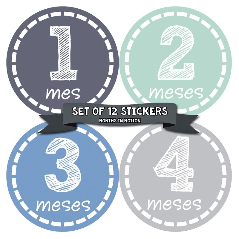 Months In Motion Spanish Espanol Monthly Baby Stickers - 12 Month Milestone Sticker for Newborn Babies - Shower Gift - Photo Keepsake - Image 1